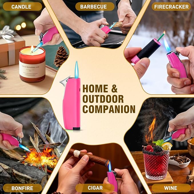 Women's Mini Butane Torch Lighter, Windproof Jet Flame Refillable Adjustable Candle Lighter for BBQ, Camping, Daily Use, Ideal Gift, 2 Pack (Pink, Butane Not Included)