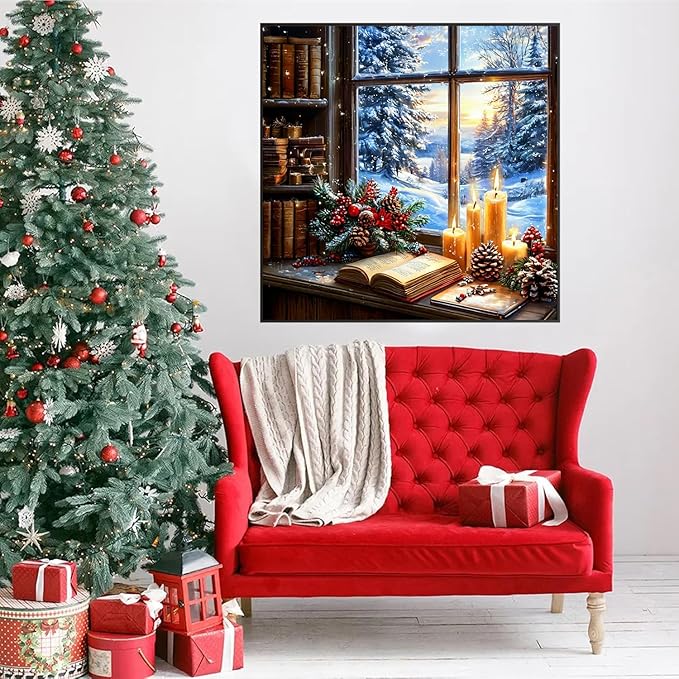 Accompany Wind Christmas Diamond Art Kits for Adults, Christmas Window Diamond Painting Kits, 5D Round Drill Diamonds Gem Art Craft for Home Wall Decor Gifts 14x14 Inch