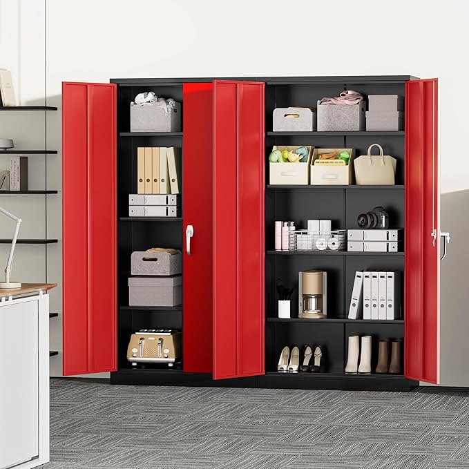 Greenvelly Metal Garage Storage Cabinet with 2 Doors and 4 Adjustable Shelves, 72”H Steel Lockable Storage Cabinet,Tall Metal Cabinet Locking File Cabinet for Office,Home, Garage, Gym, School
