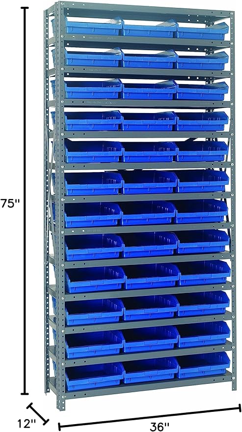Quantum Storage Systems 1275-109BL Steel Shelving Unit with 4" Shelf Bins, 12" D x 36" W x 75" H, Blue