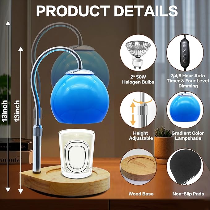 Candle Warmer Lamp with Timer 2H/4H/8H, Adjustable Height Dimmable Candle Lamp with 2 Bulbs, Wax Melt Warmer for Jar Candles, House Warming, Home Decor, Christmas Gifts for Women, Mom(Ocean)