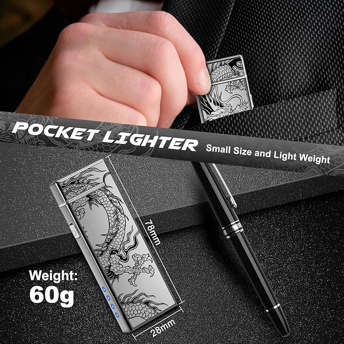LcFun Electric Lighter USB Rechargeable Windproof Plasma Dual Arc Lighter, Flameless Cool Dragon Pocket Lighters for Camping, Small Valentines Birthday Gifts for Men Husband Father (Black Dragon)