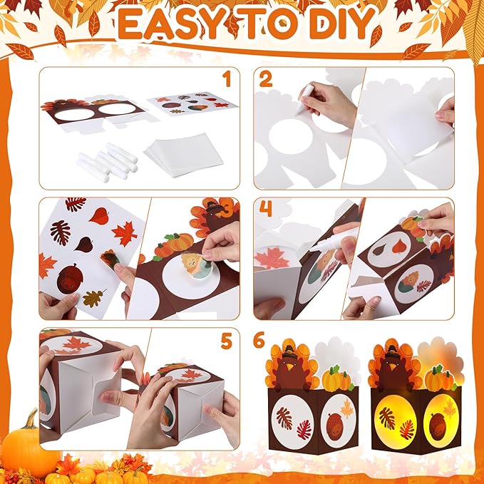 Marspark 24 Sets Thanksgiving Crafts Bulk Turkey Maple Leaf Fall Craft Paper Lanterns Kit DIY Harvest Autumn Lanterns for Home Art Activities Party Decorations(Turkey)