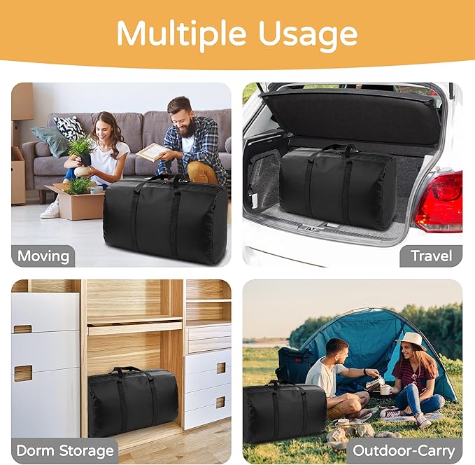 2 Pack 96L Extra Large Moving Bags with Zippers & Carrying Handles for Storage, Packing, Traveling, Camping, Langdry, Big Heavy Duty Moving Totes Bags for Clothes, Supplies and Space Saving Black