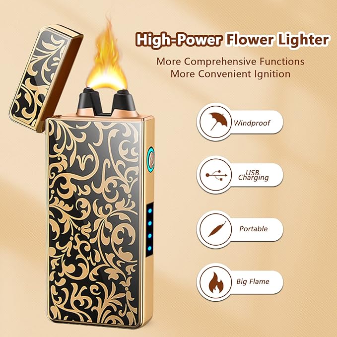 Big Flame Electric Lighter Plasma Lighters Cool Lighters with LED Battery Indicator, Windproof Arc Lighter, Butane for Man & Woman(Bloom)