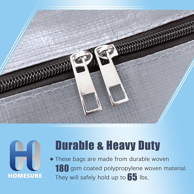 HOMESURE 8 Pack Large Strong Bags with Zippers & Carrying Handles - Water-Resistant - Heavy Duty Storage Tote for Space Saving Storage, Fold Flat, Alternative to Moving Box (Silver)