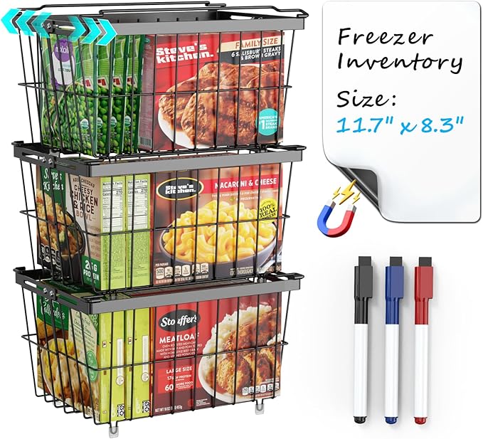 iSPECLE Freezer Organizer Bins - 3 Pack with Freezer Inventory List Board, Adjustable Width for 5 to 7 Cu.Ft Chest Freezers, Stackable Deep Freezer Bins, Assembly Required, Black