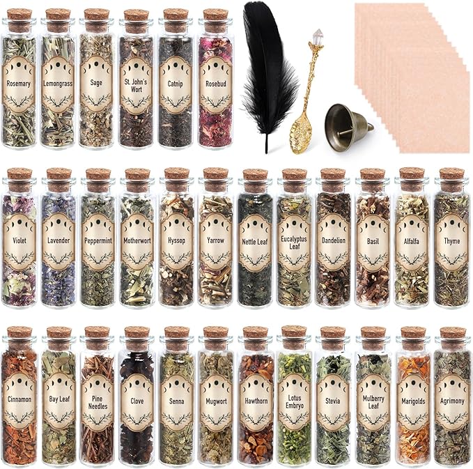 30 Pack Witchcraft Supplies Herbs, Dried Herbs and Flowers Bottles Kit for Witch Beginner, Wiccan, Wicca Altar Supplies, Magic Spell, Candle and Soap Making, with Witchy Spoon, Bell and More