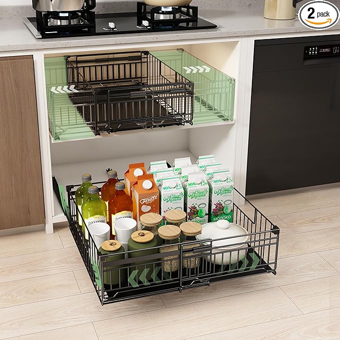 NETEL 2 Pack Expandable Pull Out Cabinet Organizer, Raised 6.69" guardrail, Adjustable Width 13"-20.07", 3 Rails No Drill Adhesive Peel And Stick, Adhesive Pull Out Drawers for Cabinets, Black