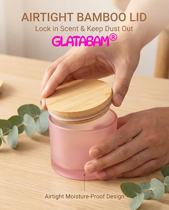 GLATABAM 4 OZ Candle Jars 12 Pack - Bulk Glass Candle Making Jars with Bamboo Lids & Labels, Heat Resistant Empty Reusable Candle Vessel for Containers(Frosted Powder)