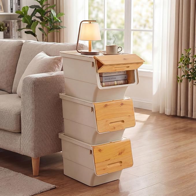 Giantex Plastic Stackable Storage Bins with Lids & Wheels, 3 Pack Open Front Stacking Bins, Organizer Bins for Pantry, Kitchen, Laundry, Closet, Playroom, Bedroom Organization (35 QT)
