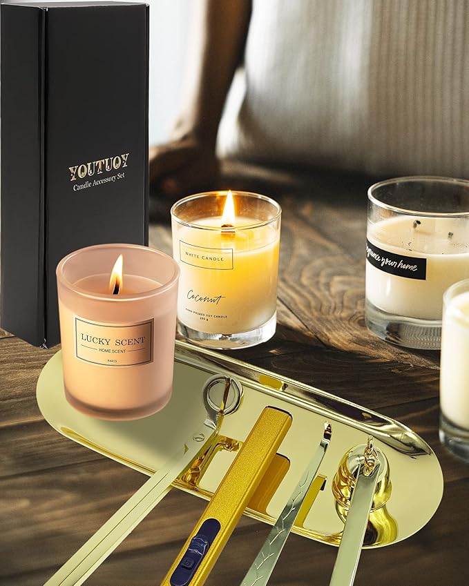 YOUTUOY 5 in1 Candle Accessory Set with Rechargeable Candle Lighter, Candle Wick Trimmer, Candle Wick Snuffer, Candle Wick Dipper, Storage Tray Plate, Candle Care Kit (Gold)