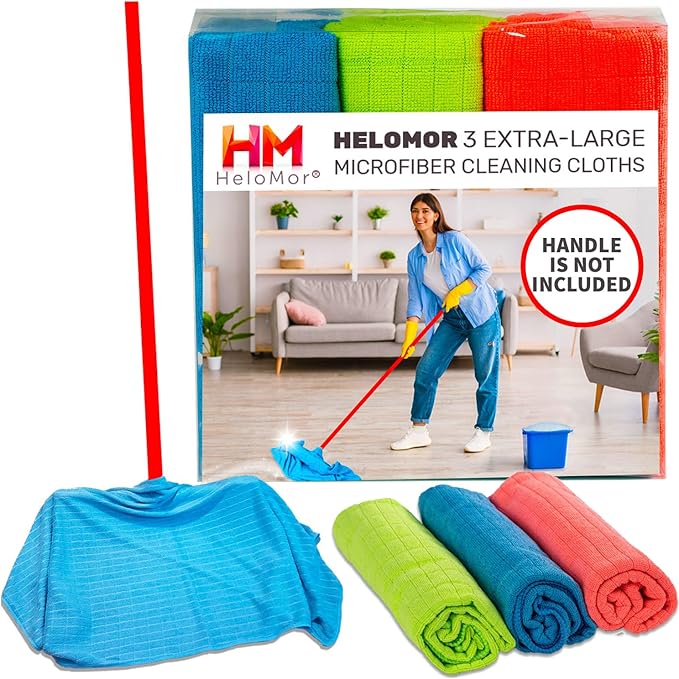 HELOMOR 3 Extra Large Microfiber Cleaning Cloths, 30"x18" Floor Towels for Squeegee Mop, Reusable Multi-Purpose Cleaning Rags for House, Kitchen, Car & Windows, Highly Absorbent, Lint-Free
