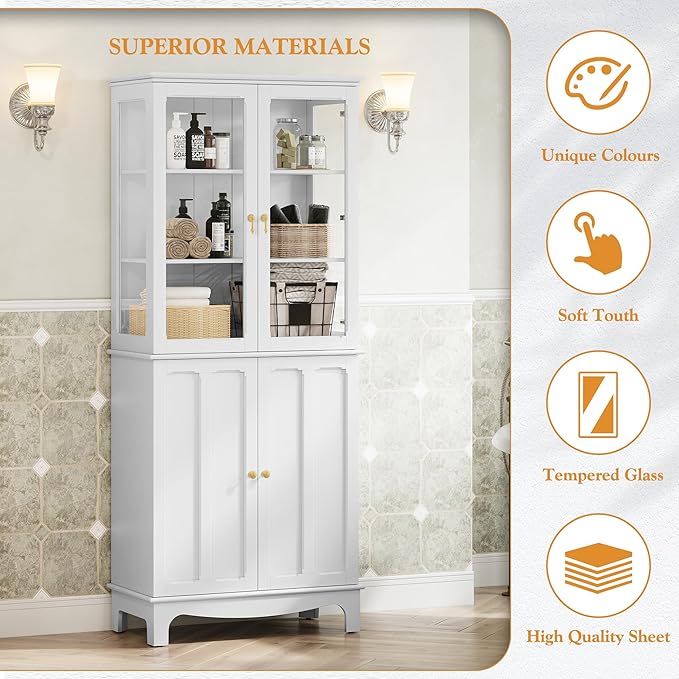 72" Tall Kitchen Pantry Cabinet with Glass Door and Adjustable Shelves, Vintage Food Storage Cabinet for Kitchen, Dining Room, Living Room, White