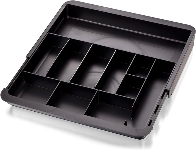 Officemate Expandable Drawer Organizer Tray, Adjustable 10.3"–16" Width, Customizable Compartments with Dividers, Recycled Plastic, Black