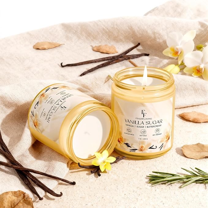 Vanilla Sugar Scented Candle, Natural Soy Wax Jar Candle for Home Scented, 100-Hour Burn Time Gifts for Women Men, 7 oz (2 Pack)