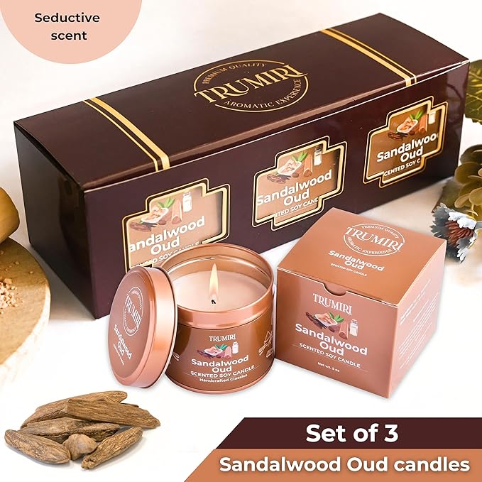 Sandalwood Oud - Scented Candles for Men - Pack of 3 x 5oz Natural Soy Clean Organic Non Toxic - Masculine Scent Gifts - Candel for Home Bedroom Bathroom Apartment Room Décor - New House Essentials