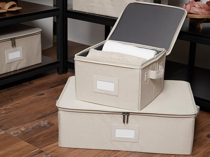 Covermates Keepsakes Zip-Top Storage Box Set, 3 Pack Heavy Duty Polyester Organizer Bins, Stackable Design, ID Window, Reinforced Handles, Closet Home Storage, Beige Heather
