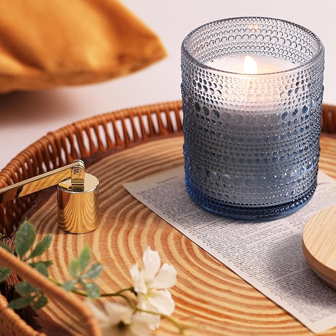 DEVI Assorted Blue Glass Candle Jars for Making Candles (8 Pack),8 oz & 14 oz Candle Jars with Bamboo Lids & Labels, Bulk Empty Storage Containers, Candle Tins Making Supplies, Blue Table Decor