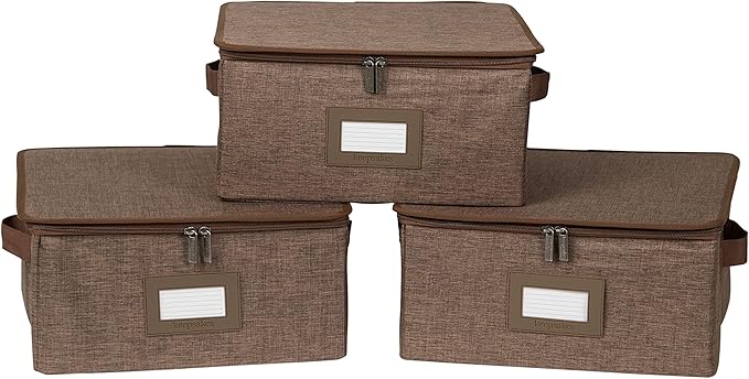 Covermates Keepsakes Zip-Top Storage Box Set, 3 Pack Heavy Duty Polyester Organizer Bins, Stackable Design, ID Window, Reinforced Handles, Closet Home Storage, Brown Heather