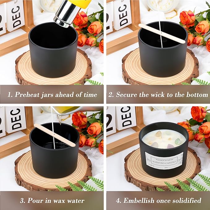 CONNOO 8 Pack 12 OZ Black Glass Wide Mouth Candle Jars for Making Candles with Airtight Bamboo Lids Nice Sticky Warning Labels for Candle Making Empty Container Bulk - Dishwasher Safe