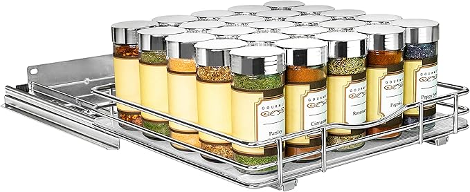 LYNK PROFESSIONAL® Pull Out Spice Rack Organizer for Inside Kitchen Cabinets - 10-3/8 inch Wide - Slide Out Drawer – Chrome Sliding Spice Organization for cabinet - Spice Racks - 1 Tier