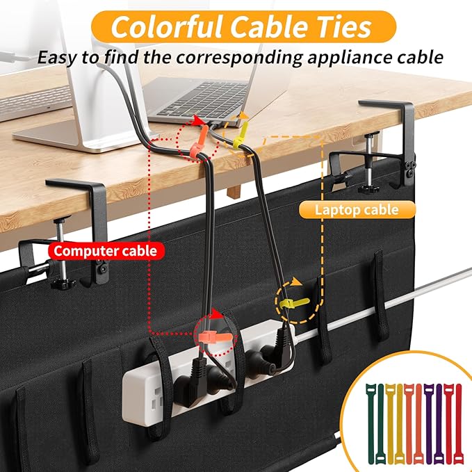 Under Desk Cable Management Tray with Clamp, No Drill 28" Cord Organizer for Desk, Desk Cable Management Fabric Tray for Standing Desks, Ideal for Home & Office - Black