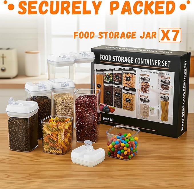 Airtight Food Storage Containers with Lids 7 pcs Plastic Kitchen and Pantry Organization Canisters for Cereal, BPA Free Kitchen Canisters for Spaghetti, Pasta (Airtight Food)