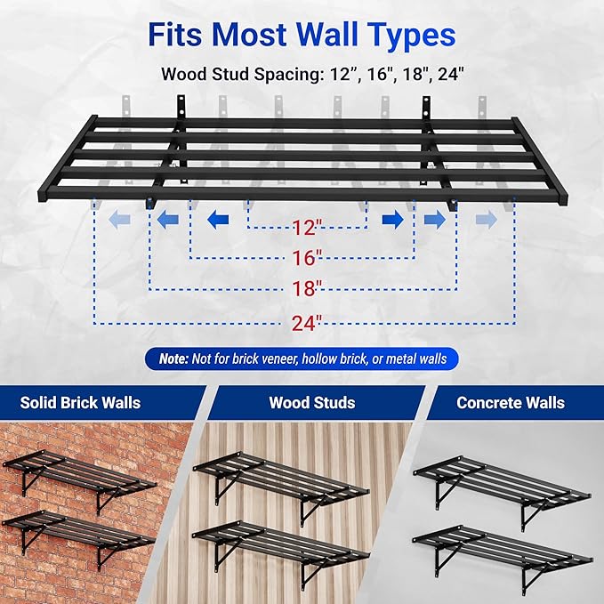 FLEXIMOUNTS Fold-Down 2x4ft Garage Wall Shelving, 2-Pack Heavy Duty Folding Garage Shelving Wall Mounted, 600 lbs Capacity, Storage for Power Tools, Garden Supplies & Seasonal Storage, Lite Series