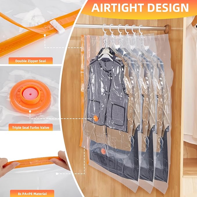 AGPTEK 6-Pack Hanging Vacuum Storage Bags for Clothes, Suits, Dresses & Jackets (3 Jumbo,3 Large) with Electric Pump - Space Saver Closet Organizer, Travel & Moving Supplies, Heavy Duty PA+PE