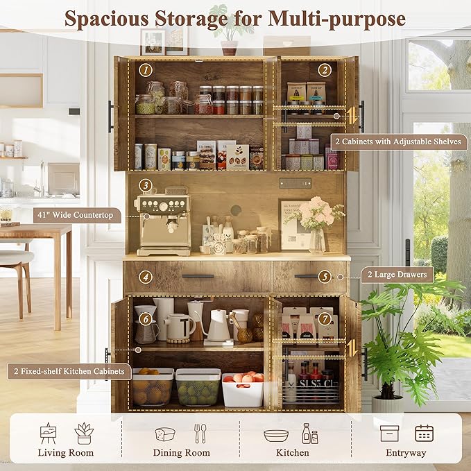 Vongrasig Farmhouse Pantry Cabinet with Charging Station, Tall Kitchen Pantry with Microwave Stand, Storage Drawers & Shelves, Large Kitchen Hutch for Living Room, Dining Room, Rustic Brown