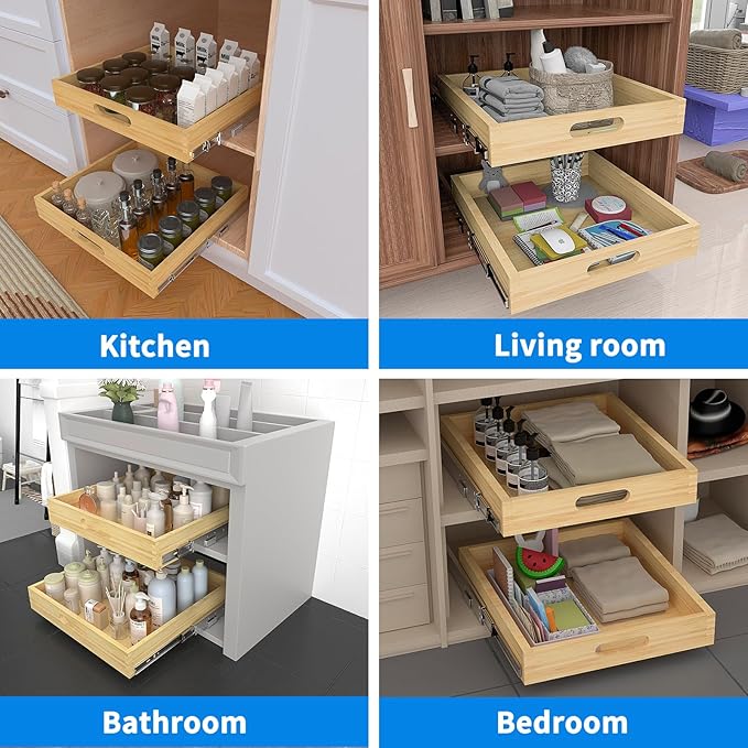 2 Set Pull Out Cabinet Organizer, Soft Close Slide Out Wood Drawer Storage Shelves for Kitchen, Base Cabinet Organization for Pantry, Finished, Heavy-Duty, Bottom Assembly (21” W x 21” D)