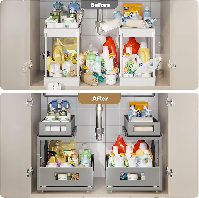 1 Pack Under Sink Organizer With Next-Gen Ball-Bearing Slides,2-Tier Pull Out Cabinet Storage,Height Adjustable Drawer Shelf for Bathroom,Kitchen,Laundry,Cabinet,Pantry-Gun Gray