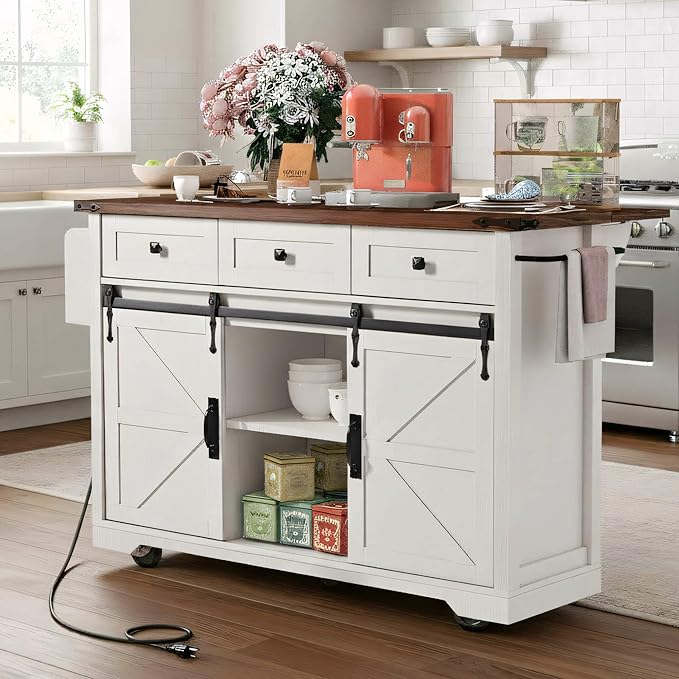 Amposei Farmhouse Kitchen Island on Wheels with Drop Leaf & Power Outlet, 53.7-Inch Rolling Storage Island Cart with Drawers, Sliding Barn Door Cabinets, Spice Rack (Retro White)