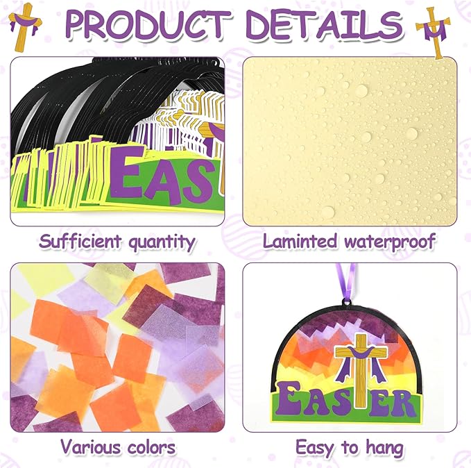 Qyeahkj 36 Set Religious Easter Cross Suncatchers Crafts for Kids DIY Christian Resurrection Window Tissue Paper Craft Kit Hanging Decor for Sunday School Activity Art Project Birthday Party Favor