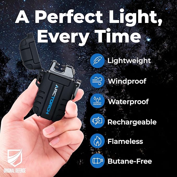 Original Defense ArcTorch Electric Lighter - Windproof, Waterproof, Flameless, Rechargeable Plasma Lighter with USB Charging for Hiking, Camping, Outdoor, Survival, Tactical, EDC Gear (Black)
