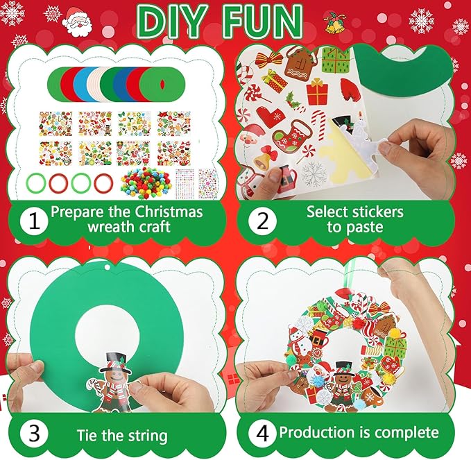 Hollowfly 48 Sets Christmas Wreath Craft Kits for DIY Santa Claus Wreath Hanging Ornaments Make Your Own Paper Xmas Craft with Stickers for Christmas Party Favors School Classroom Activities