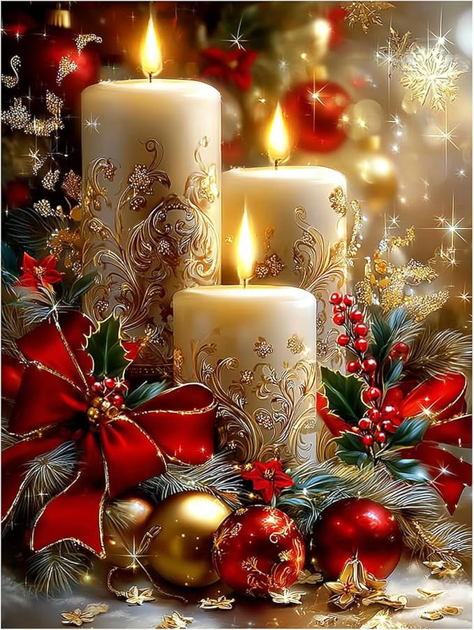 Reivworl Christmas Diamond Art Kits for Adults, Candle Diamond Painting Kits, Gem Art Kit for Gifts and Home Interior Decor 12x16 Inch
