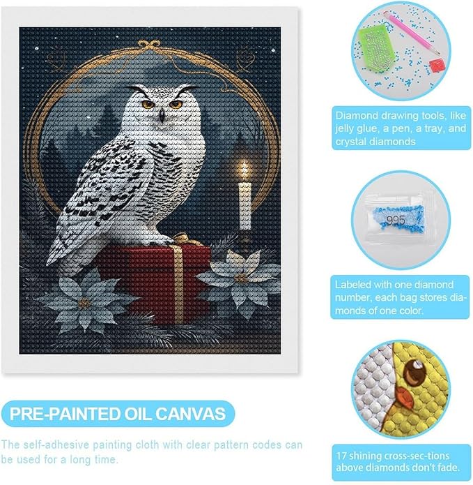 KIVJMSIDJA Snowy Owl & Candle Glow - Winter Night Scene Diamond Art Kits for Adults for Beginners, 5D Full Diamond Art Paint 16"x20"