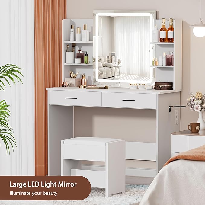 YIKEHOME Makeup Vanity Desk with Mirror and Lights, Makeup Table with 2 Large Drawers, 3 Color Modes Adjustable Bulb, Power Outlet and Round Holder, Dressing Table for Women Girls Bedroom