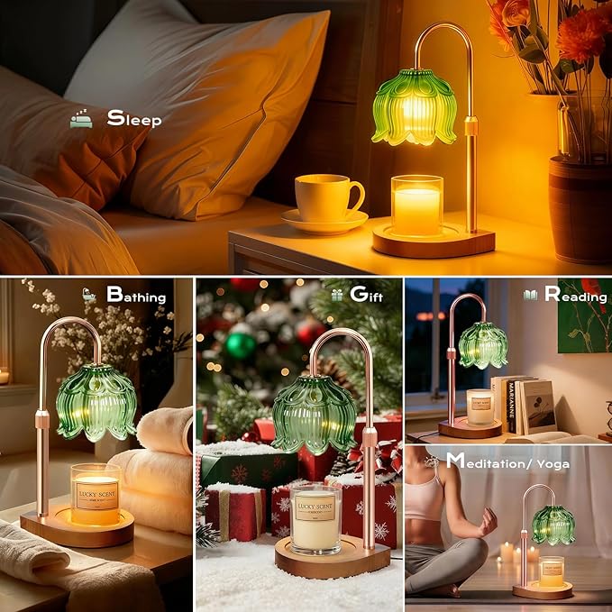Candle Warmer Lamp - Dimmable Candle Lamp with Timer, Flower Wax Warmer Lamp for Jar Candles, Adjustable Height Wax Melter for Women Gift Home Decor, Farmhouse (Green)
