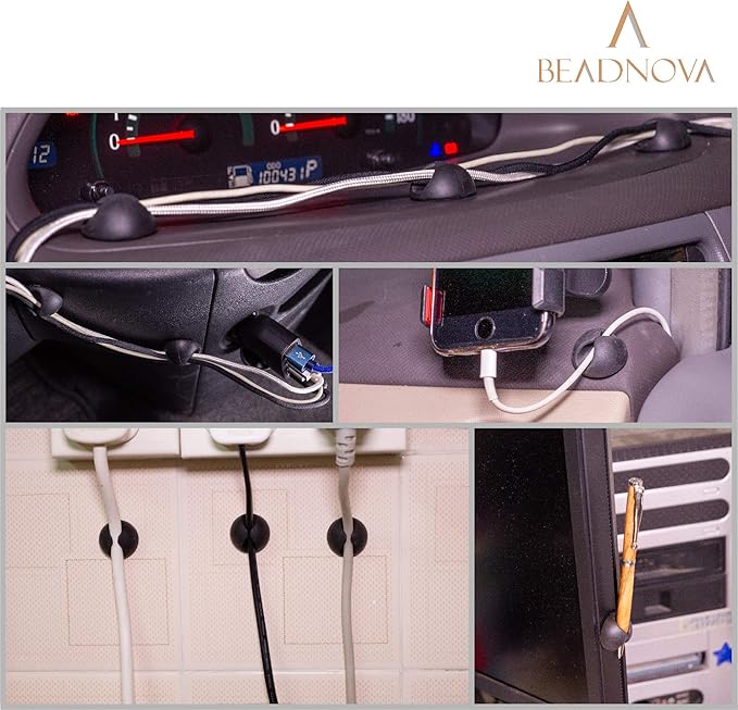 BEADNOVA Cable Clips Cord Organizer Cable Management Wire Cord Holder 3 Slots Adhesive Wire Holder for Car Charging Accessory PC Office Home (Black, 6 pcs)