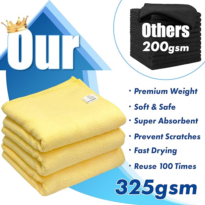 Simple Houseware 3-Pack Microfiber Cleaning Towels, Heavy-Duty & Reusable Cloths for Home, Kitchen, and Car, 16" x 24", 325 GSM