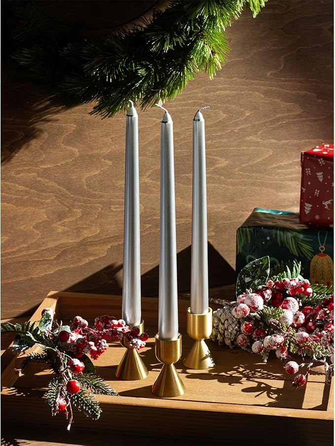CANDWAX 8 inch Silver Taper Candles - Set of 4 Dripless Long Burning Fragrance-Free Candlesticks