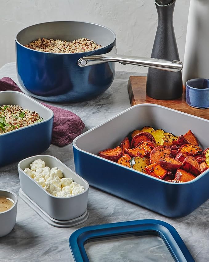 Caraway 2pc Glass Food Storage Set - 10 Cup Food Containers (2) - Ceramic Coated - Non Toxic, Non Stick Lunch Box with Lids. Dishwasher, Oven, & Microwave Safe - Perracotta