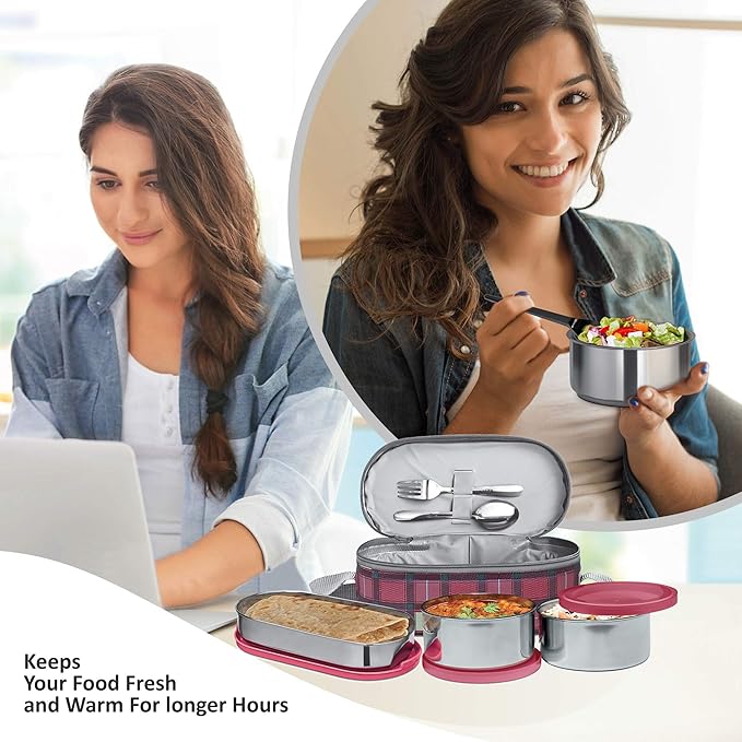 Milton Corporate Lunch Stainless Steel Containers Set of 3, Maroon
