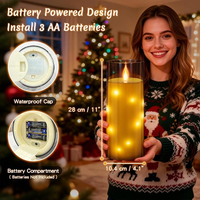 11" x 4" Large Outdoor Waterproof LED Candles, 2Pcs Pillar Candles with Remote & Timer, Flameless Candle Battery Operated with Embedded Star String for Porch, Patio, Outdoor Decor and Christmas