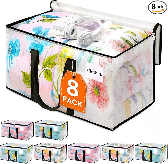 HomeHacks Clear Moving Bags Heavy Duty 8 Pack, Storage Bags with Zipper, Extra Thick Handles & Waterproof Packing Boxes for Moving, Camping, Home Organization 125L/33Gal (28.7"x16.5"x16.1")