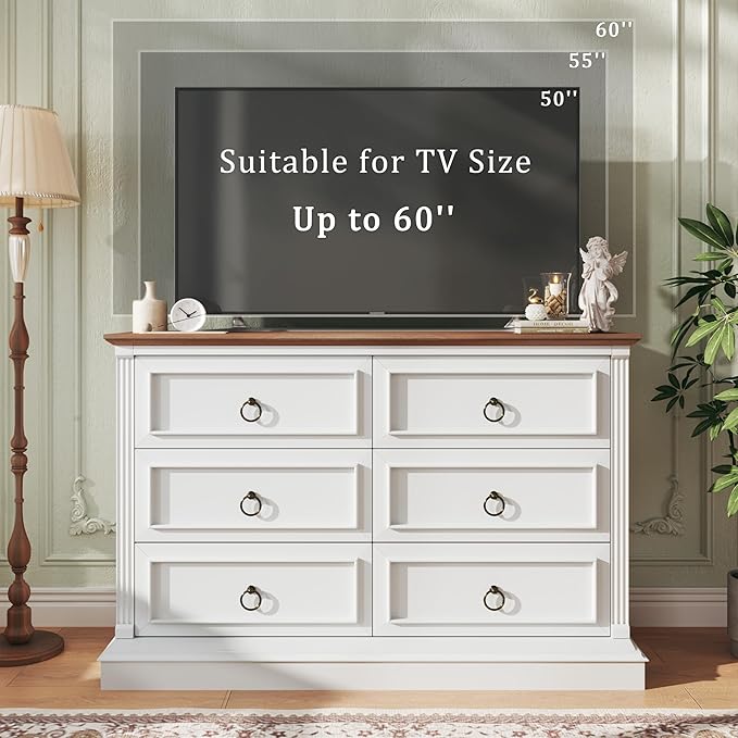 HUAHUU Farmhouse 6 Drawer Dresser for Bedroom, 47" Wide Chest of Drawers with Roman Column, White Wood Dresser with Antique Bronze Circle Handles, Storage Organizer for Living Room, Hallway, Entryway
