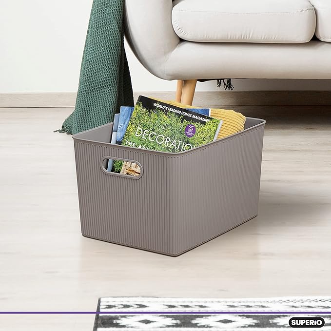 Superio Decorative Plastic Basket Open Home Storage Bins Organizer Baskets, X-Large Taupe (8 Pack) Container Boxes for Organizing Closet Storage Bins for Shelves Drawer Shelf 22 Liter/23 Quart